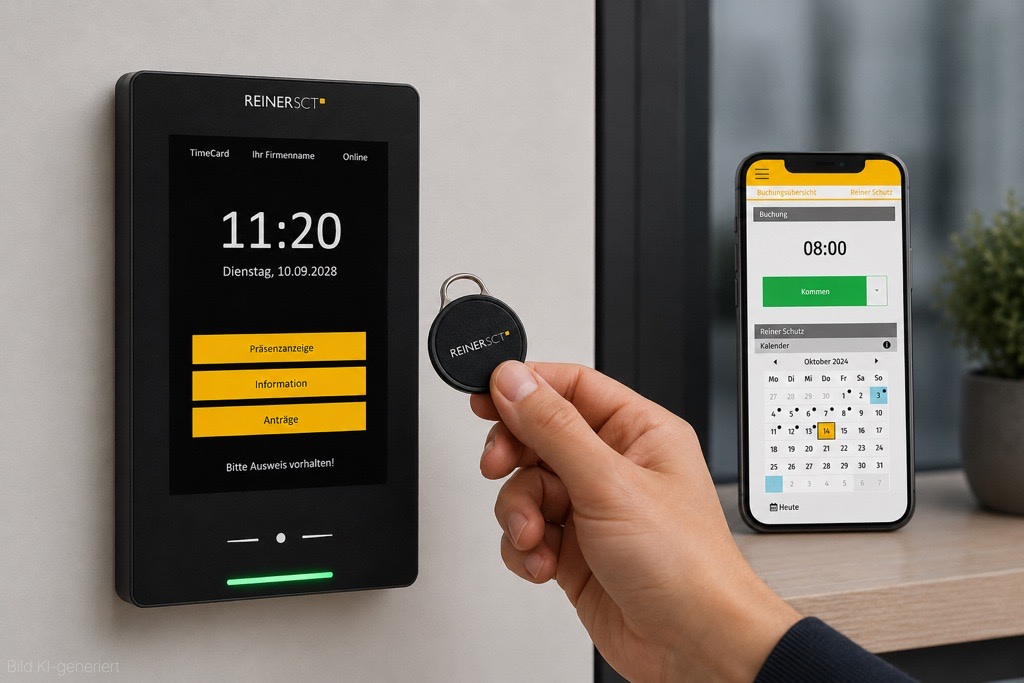 Zeiterfassungsterminal auf der linken Seite, daneben eine Smartphone App mit der Zeiterfassungsapp von Reiner SCT. Im Vordergrund eine Hand mit einem Chip zum Einstempeln. </p>
<p>Bild: KI-generiert